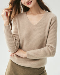 Pull en 100 % cachemire à col V en maille côtelée