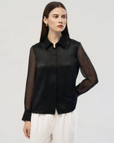 Chemise noire en soie 19 mommes avec manches en georgette transparente