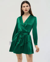 Robe portefeuille en soie 19 mommes, coupe trapèze, manches longues