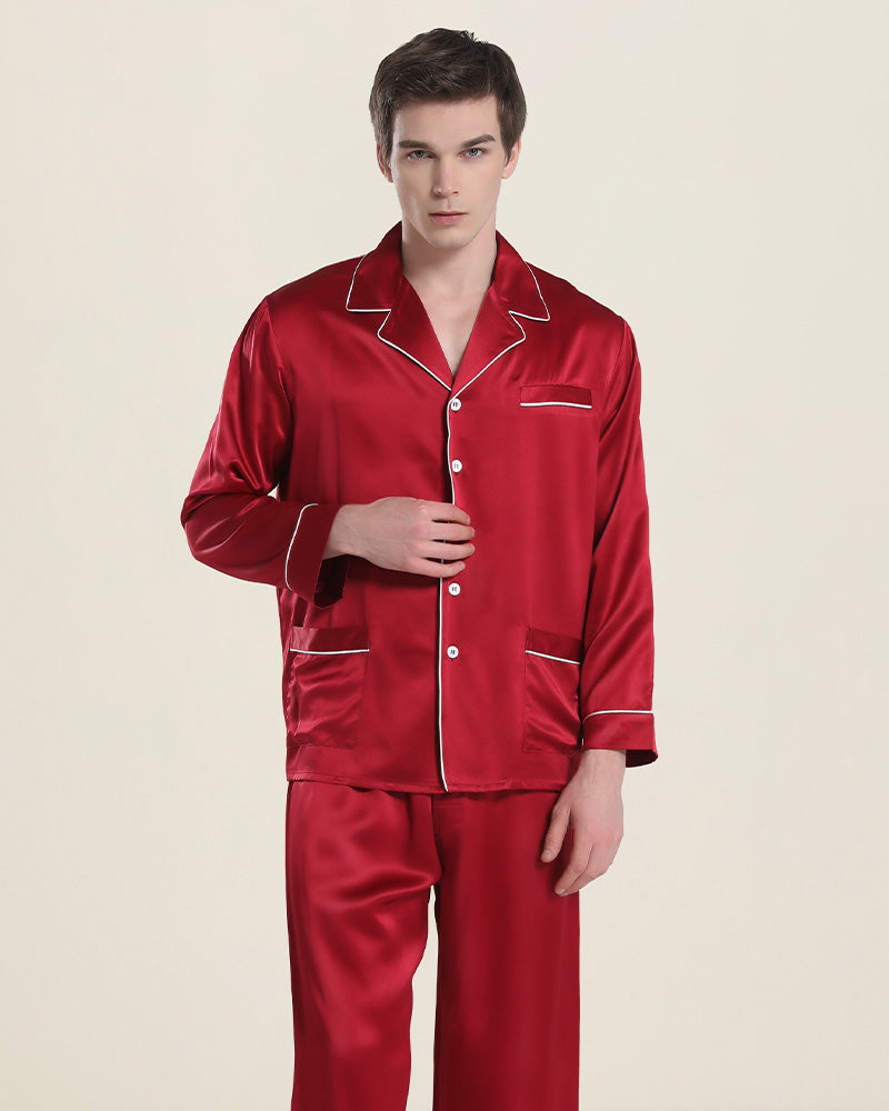 Pyjama Homme Dragon Rouge Et Bleu - Ensemble Vêtement Nuit Manches Longues, 95% Polyester, Taille élastique, Lavable Machine