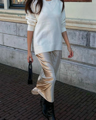 Jupe Midi en Soie Polyvalente avec Taille Élastiquée Champagne