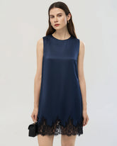 Robe courte en soie bleu marine 22 momme avec ourlet en dentelle