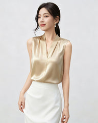 Blouse en soie 22 mommes à col V et plis plissés