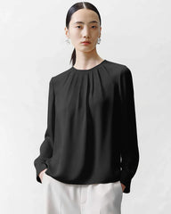 Blouse en Soie à Col Rond et Plissée