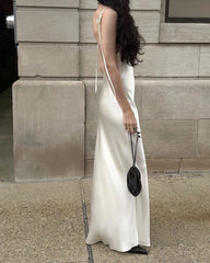 Robe Maxi en Soie à Dos Nu et Bretelles