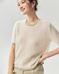 Top et cardigan en cachemire et soie avec finition tweed