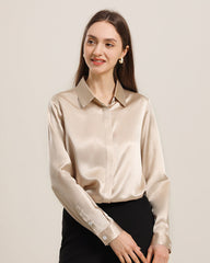 Chemise en Soie 22 Momme avec Boutons Cachés pour Femme Champagne