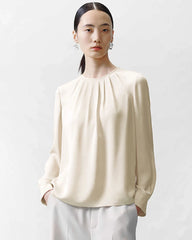 Blouse en Soie à Col Rond et Plissée
