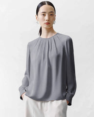 Blouse en Soie à Col Rond et Plissée