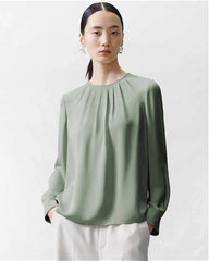 Blouse en Soie à Col Rond et Plissée