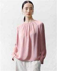 Blouse en Soie à Col Rond et Plissée