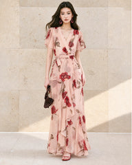 Robe maxi en soie à imprimé roses et coupe portefeuille