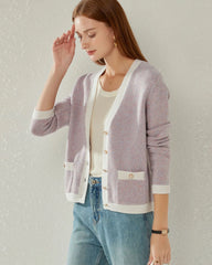 Cardigan en Cachemire Lilas avec Bouton en Perle