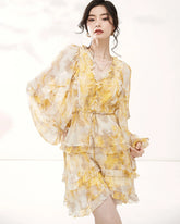 Robe Mini en Soie Jaune à Manches Longues avec Volants