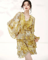 Robe Mini en Soie Jaune à Manches Longues avec Volants