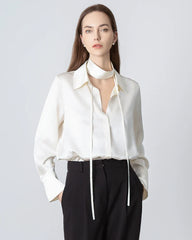 Blouse en Soie à Manches Longues et Col Nœud pour Femmes
