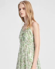 Robe longue en soie à motif cachemire vert menthe
