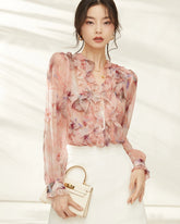 Chemisier en Soie Rose Lys Fleuri à Volants et Manches Longues