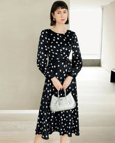 Robe Midi Ceinturée en Soie à Pois