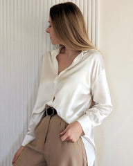 Chemise en Soie Oversize à Manches Longues à Col pour Femme