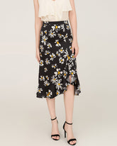 Jupe Midi en Soie 100% à Ourlet Asymétrique avec Imprimé Marguerites