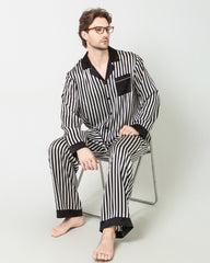 Ensemble de Pyjama en Soie pour Homme à Rayures Noires et Blanches