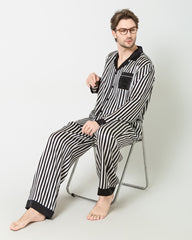 Ensemble de Pyjama en Soie pour Homme à Rayures Noires et Blanches