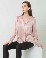 Blouse en Soie Satinée à Col V et Nœud pour Femmes