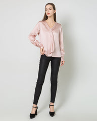 Blouse en Soie Satinée à Col V et Nœud pour Femmes