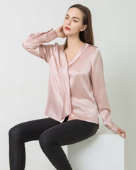 Blouse en Soie Satinée à Col V et Nœud pour Femmes
