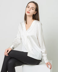 Blouse en Soie Satinée à Col V et Nœud pour Femmes