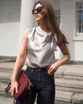 Blouse en Soie Sans Manches à Col Bénitier pour Femme