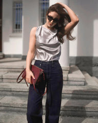 Blouse en Soie Sans Manches à Col Bénitier pour Femme