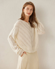 Pull en Cachemire à Col Rond et Motif Chevron Relaxant pour Femme