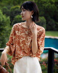 Blouse en soie imprimée cachemire terracotta