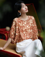 Blouse en soie imprimée cachemire terracotta