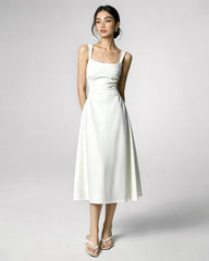 Robe midi en triacétate à col carré et taille plissée