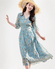 Robe midi en soie col V imprimé floral