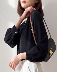 Blouse en Soie à Col en V et Épaules Plissées