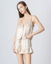Ensemble de Pyjama en Soie Camisole à Col V avec Ouverture Frontale