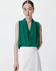 Top en Soie à Décolleté en V et Plissures