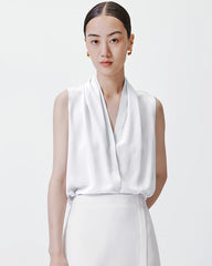 Top en Soie à Décolleté en V et Plissures