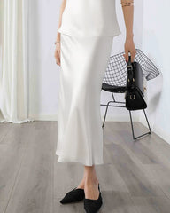 Jupe Midi en Soie Polyvalente avec Taille Élastiquée