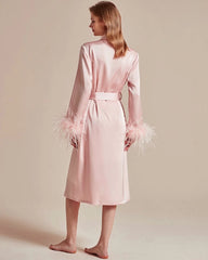 Peignoir en Soie Lavable avec Manches en Plumes