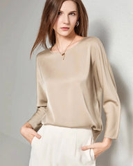 Blouse en Soie à Col Rond de Base pour Femme Champagne