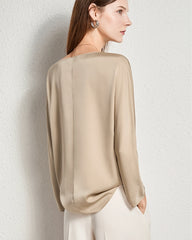 Blouse en Soie à Col Rond de Base pour Femme Champagne