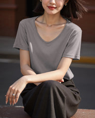 T-shirt col V en soie – Femme