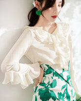 Blouse en soie à volants pour femme