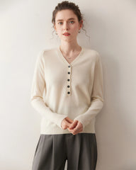 Pull en cachemire pour femme à col en V et demi-boutonnage
