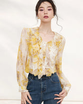 Chemisier en Soie Jaune Fleuri à Volants et Manches Longues